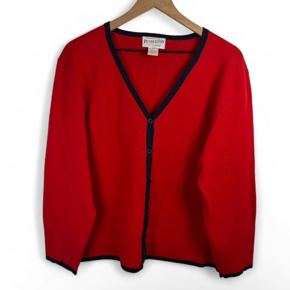 Pendleton Sweaters - Pendleton Women’s Plus 2X Red Navy Trim Cotton Cardigan Sweater Preppy Office